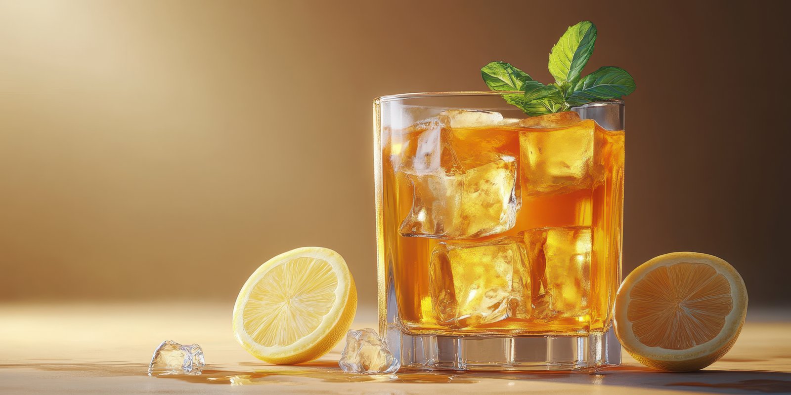 Refreshing iced tea with lemon and mint served in a glass on a warm afternoon
